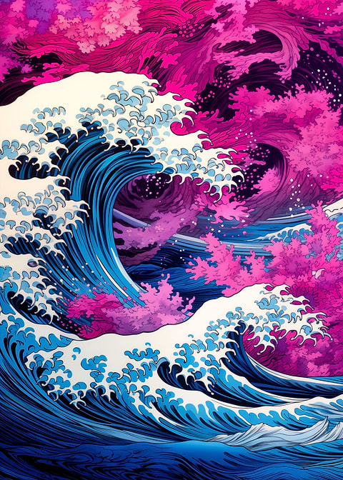 Teal Crests and Pink Hues — Japanese art metal poster