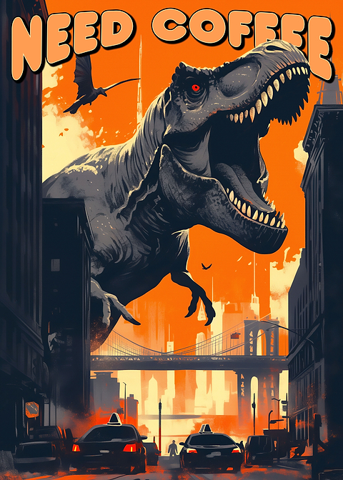 Caffeine Rex Rampage — kitchen metal wall art