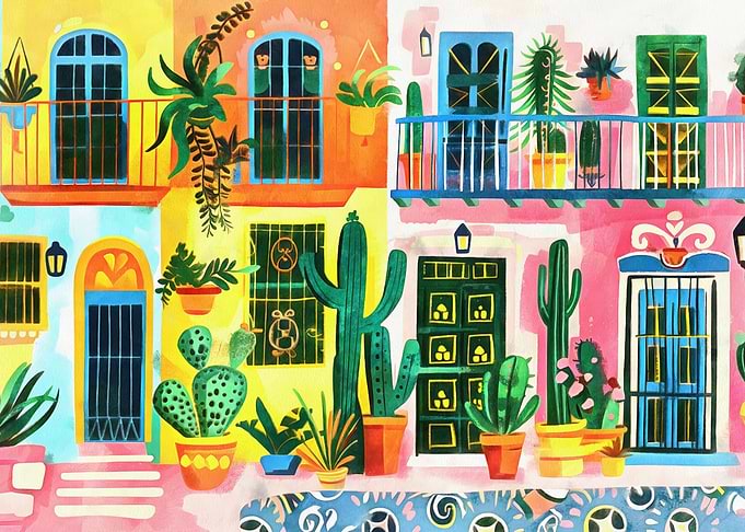 Colorful houses and cacti