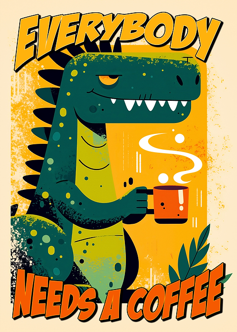 Dino Brew Awakening — kitchen metal wall art