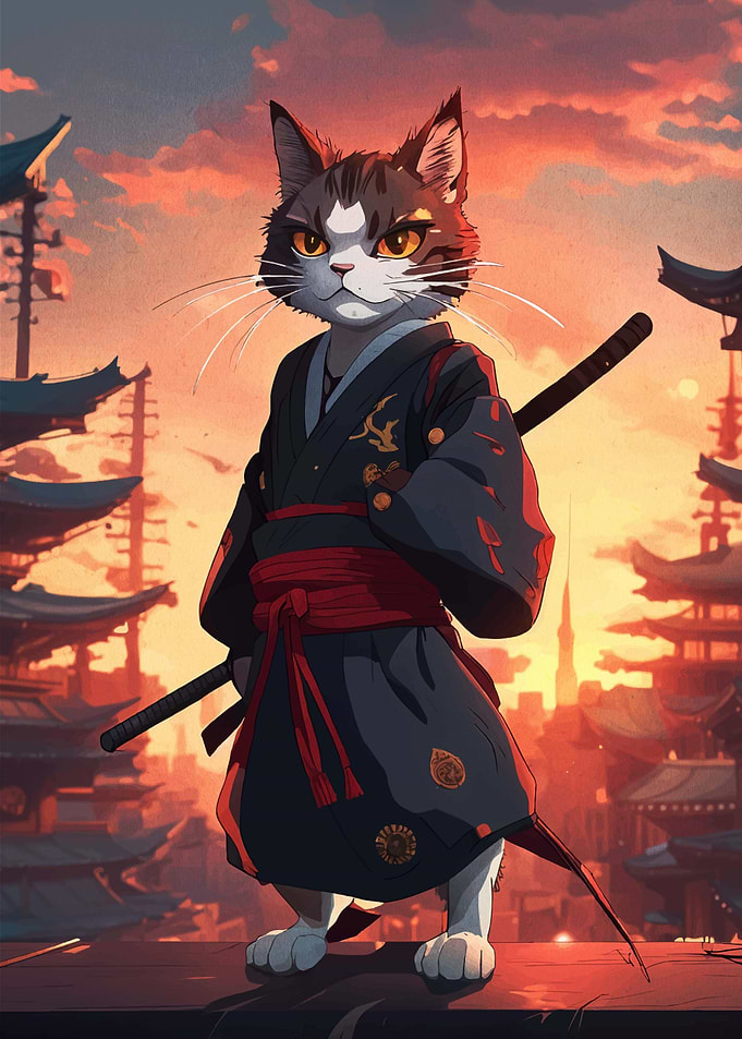 Samurai Cat Japan Sunset