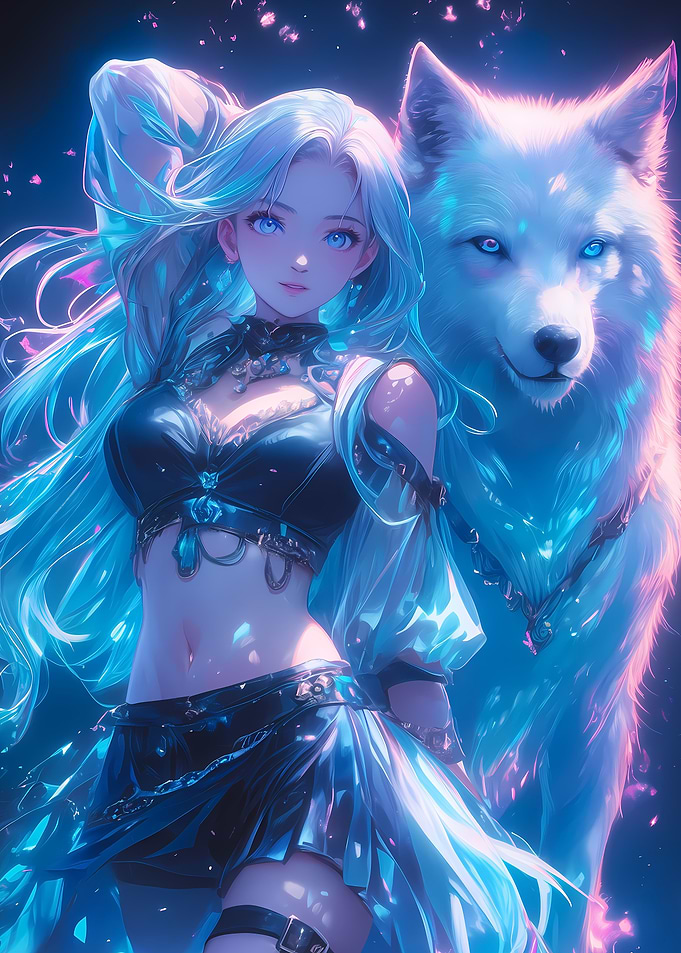 Sexy Neon Girl and Wolf