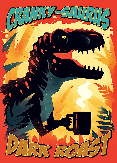 Cranky Saurus Dark Roast — kitchen metal wall art