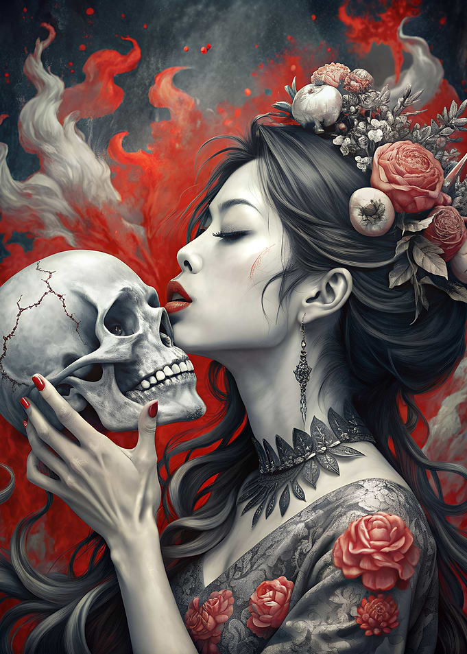 Woman kiss Skull