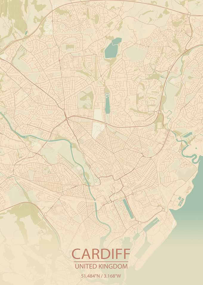 Cardiff UK Vintage CityMap