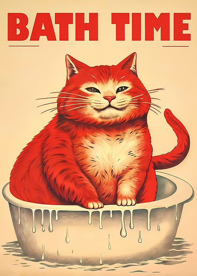 retro funny cat bath time