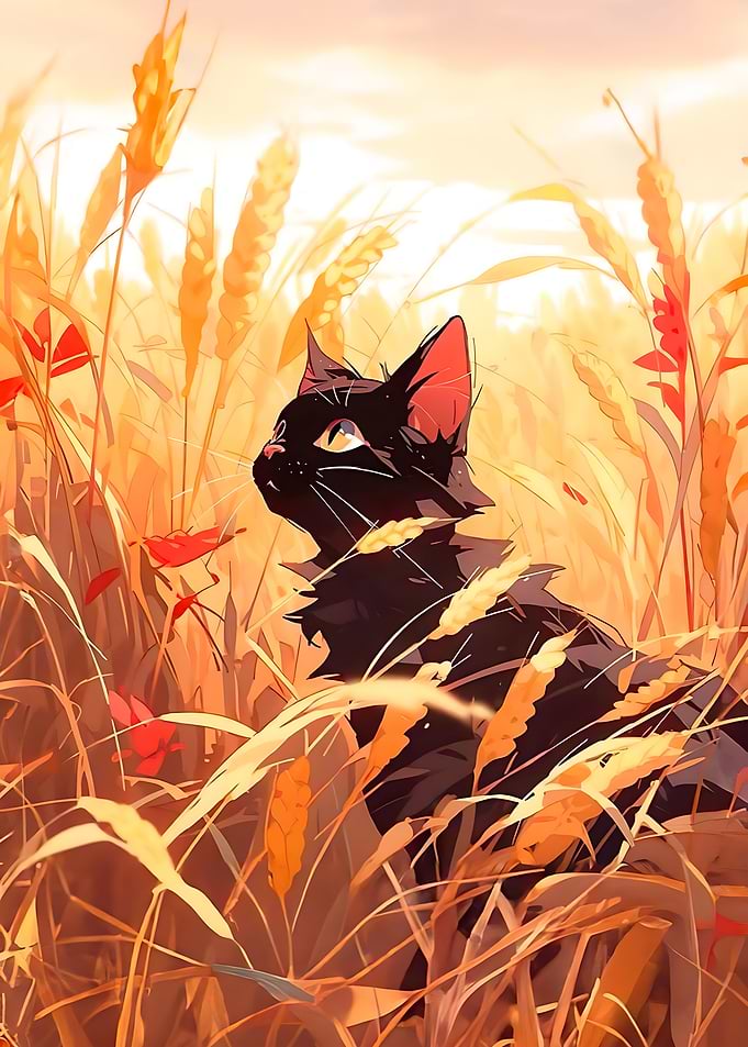 Black Cat sitting in Wheat