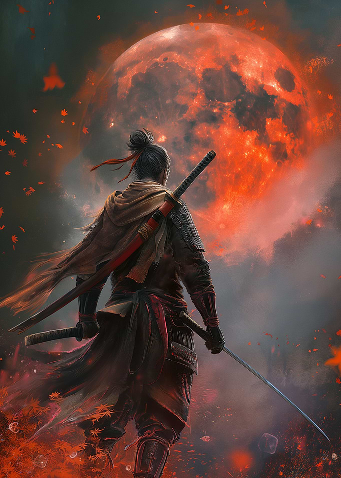 Japanese Samurai Red Moon