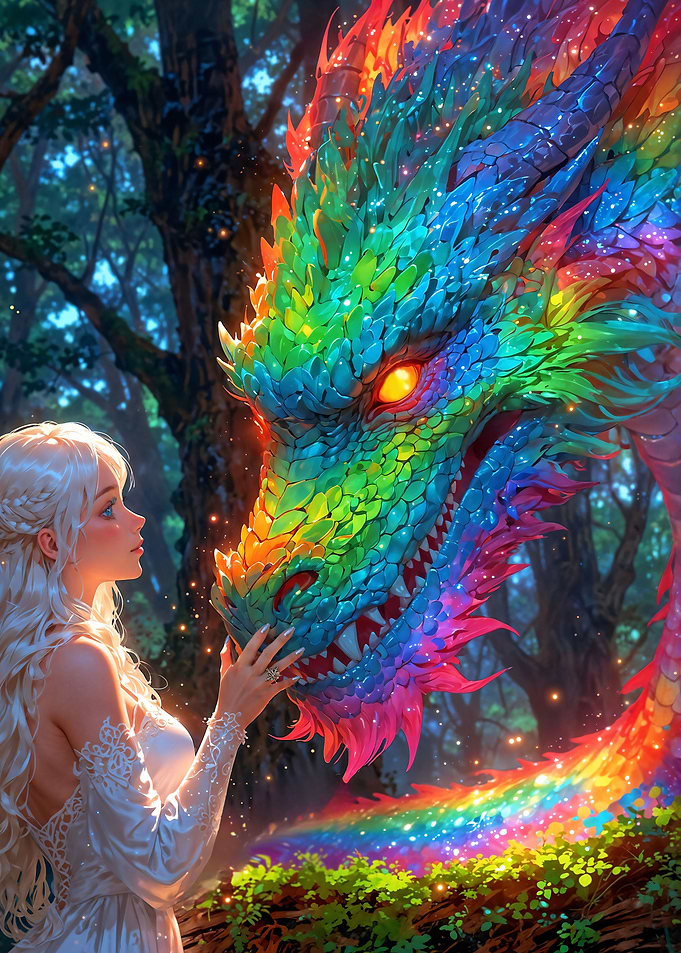 Rainbow dragon and girl