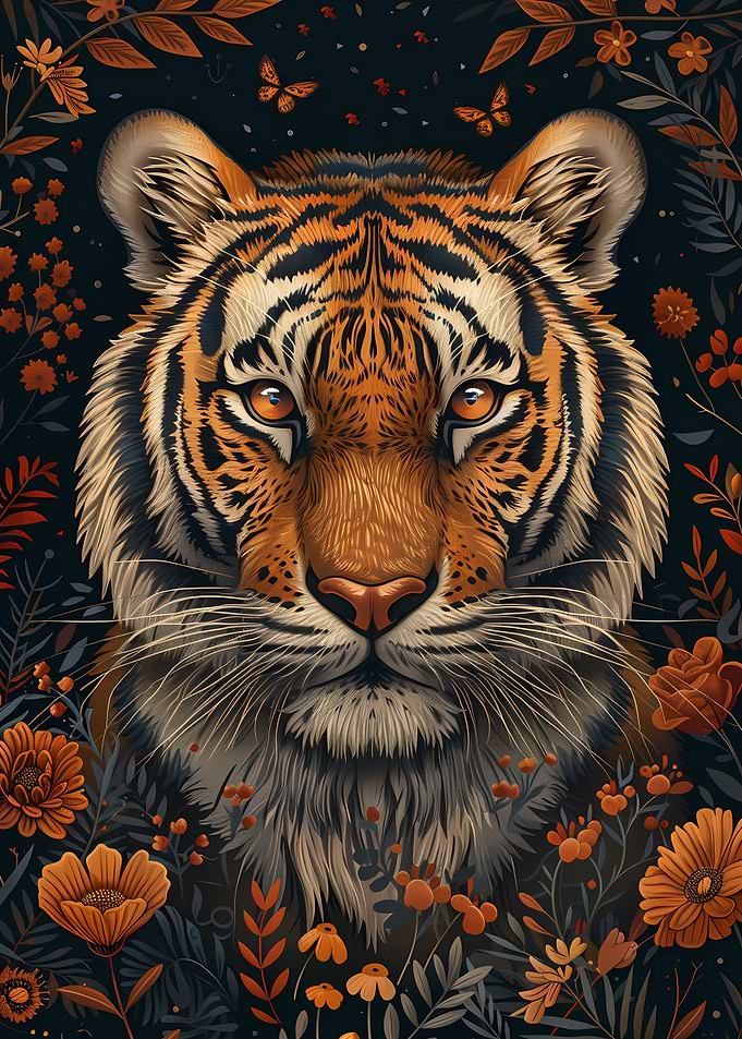 Tiger Portrait Flowers