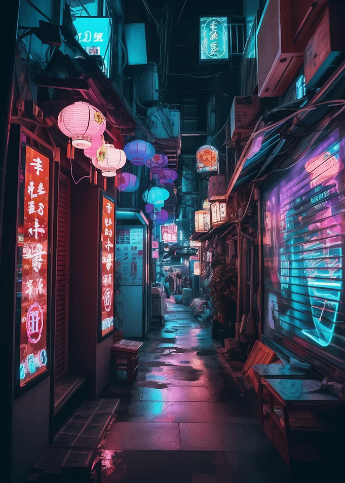 Neon lit Asian lanterns