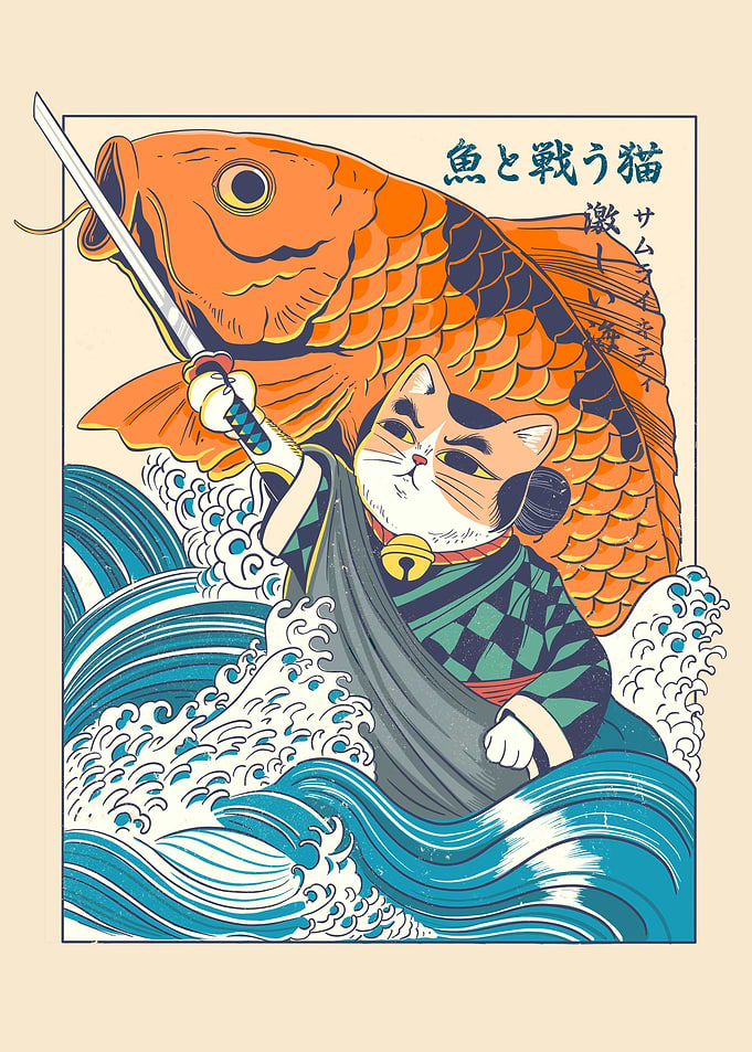 Samurai cat and koi fish