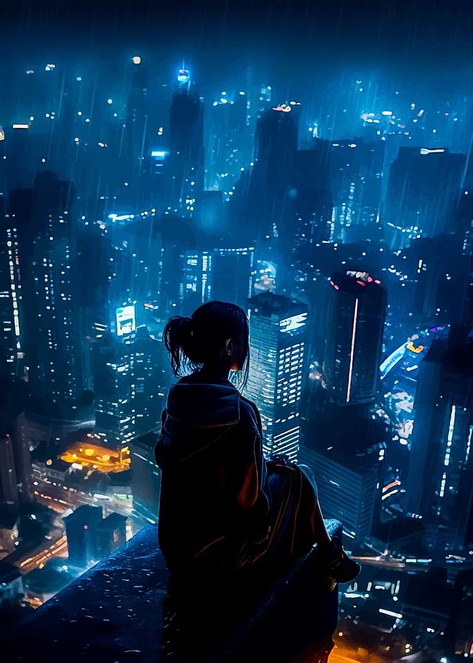 Girl Alone View City Rain