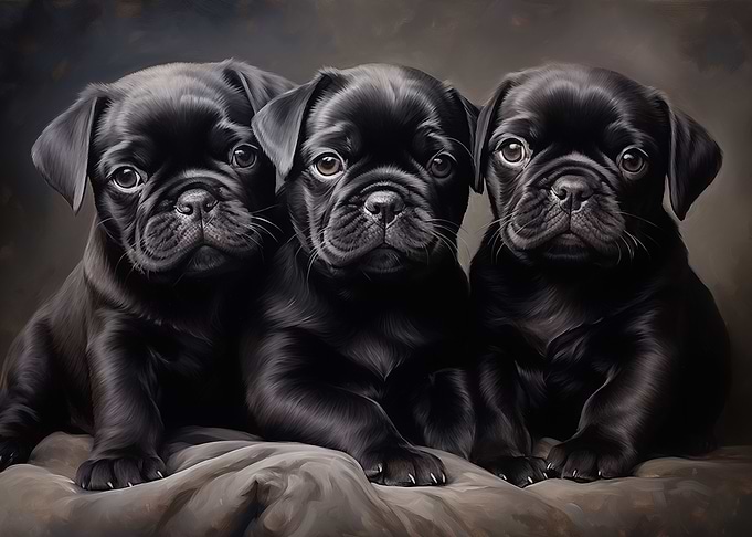 Three black Pug puppies