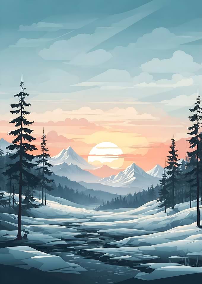 Sunset in Snowy Mountains