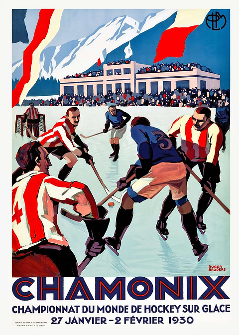 Chamonix Hockey 1930 — vintage poster restored on metal