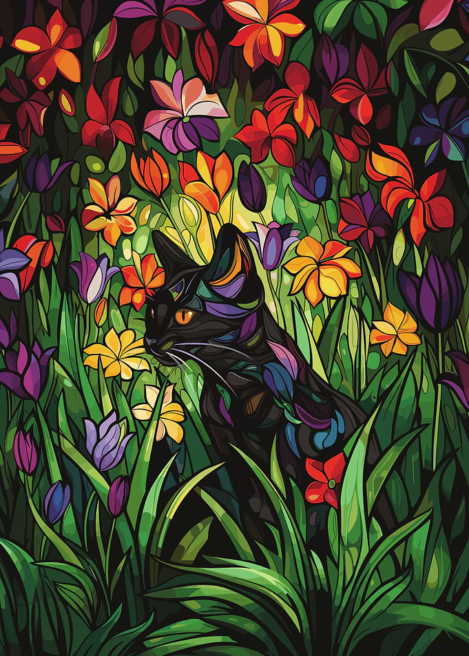 Black Cat with Flowers Art