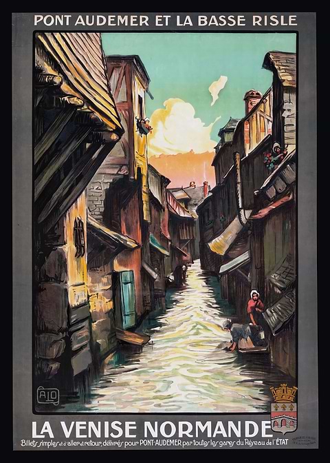 Canal Charm in Normandy — vintage travel poster on metal