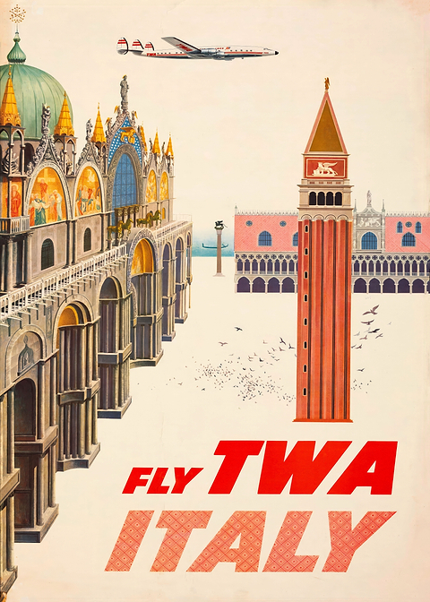 Fly TWA Italy — vintage travel poster on metal