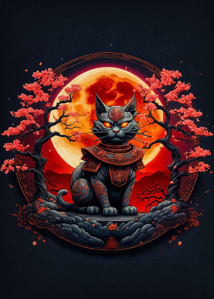 cat samurai red moon