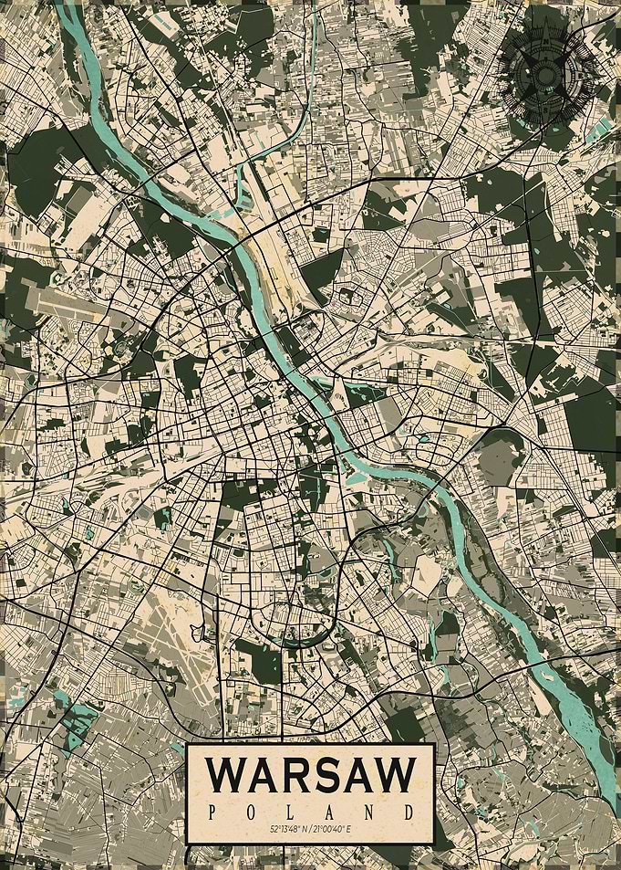 Warsaw City Map Vintage