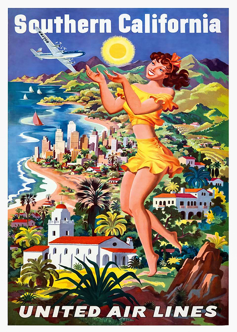Golden SoCal Paradise — vintage travel poster on metal