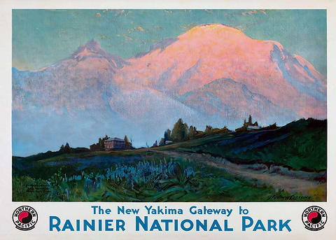 Rainiers Majestic Dawn — vintage travel poster on metal
