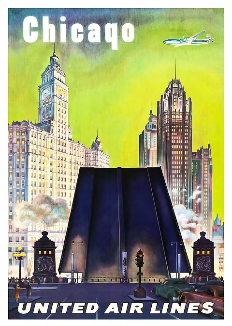 Vintage Chicago Skyline — vintage travel poster on metal