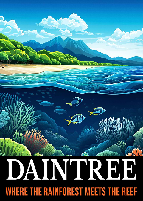 Rainforest Meets Reef — vintage travel poster on metal