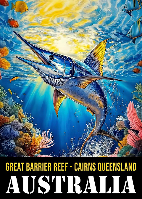Great Barrier Reef Cairns — vintage travel poster on metal