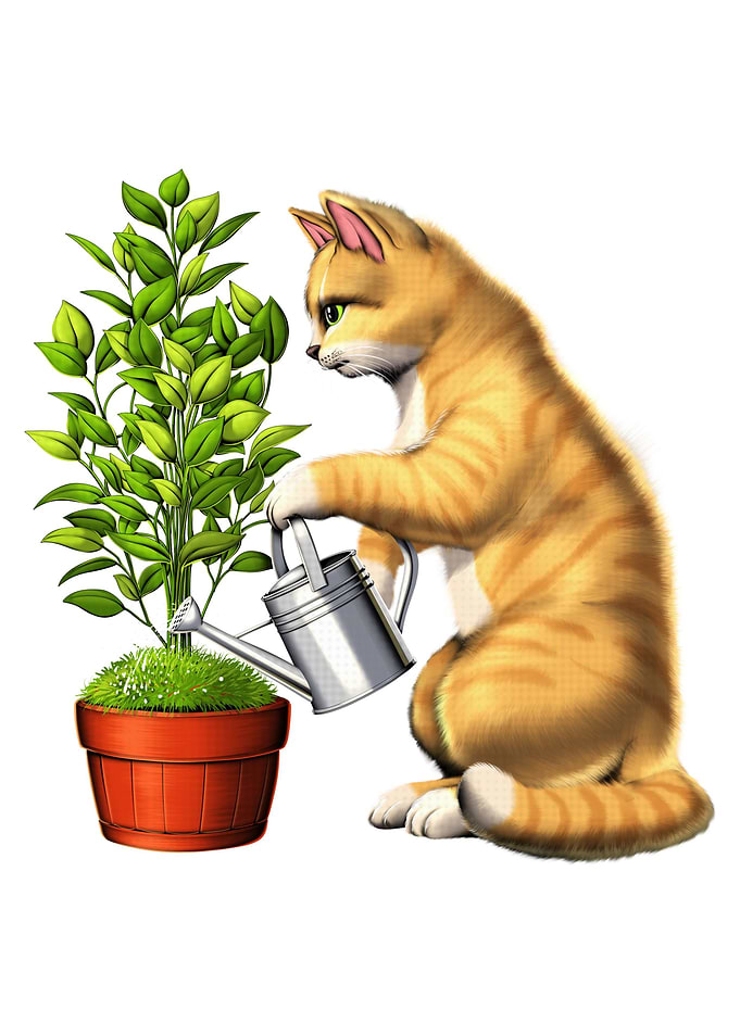 Cat Watering Plants