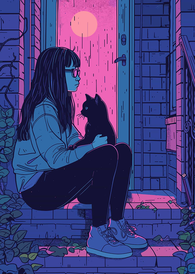 Girl Cat Lofi Pink Retro