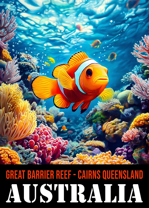 Great Barrier Reef Cairns — vintage travel poster on metal