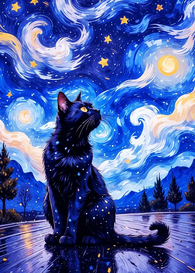 Cat Love Van Gogh night