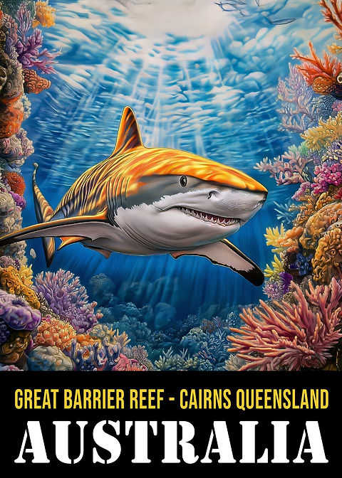 Great Barrier Reef Shark — vintage travel poster on metal