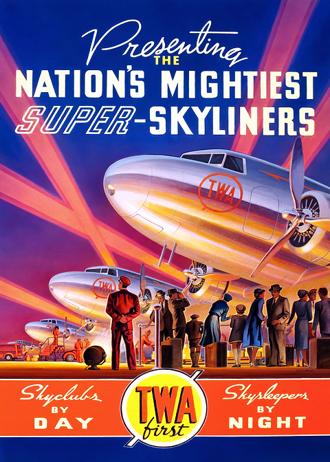TWA Super Skyliners — vintage travel poster on metal