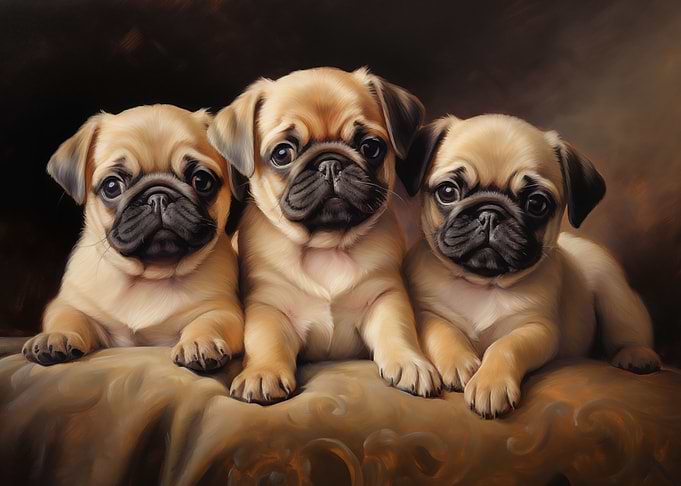 Three fawn Pug puppies