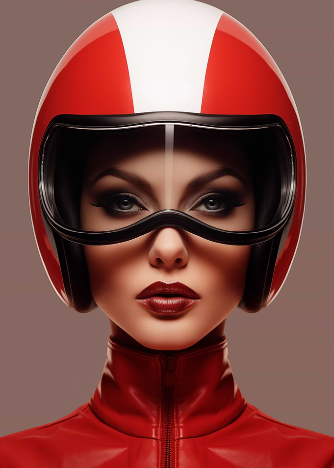 Woman in red racing helmet