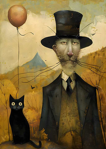 cat with a ball and a man