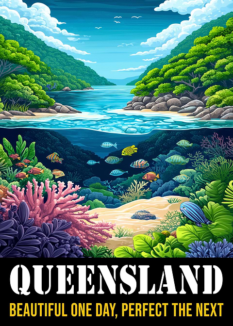 Queensland Coastal Bliss — vintage travel poster on metal