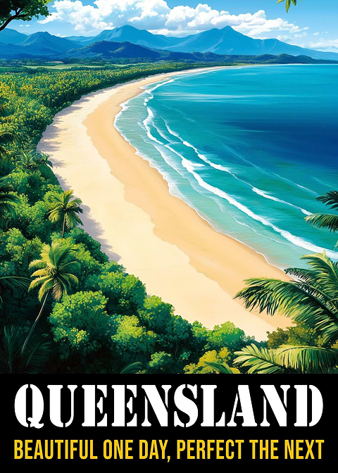 Tropical Queensland Scene — vintage travel poster on metal