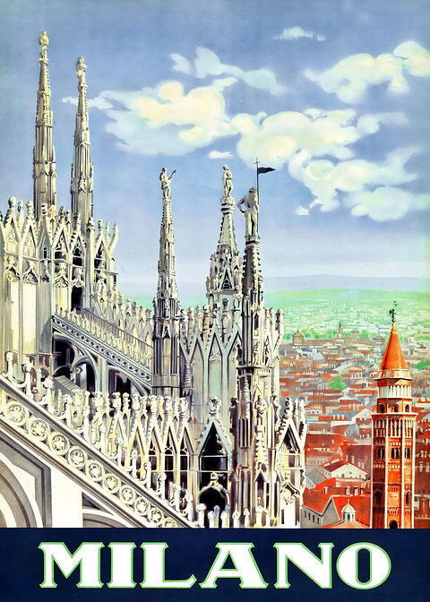 Milan Cathedral Skyline — vintage travel poster on metal