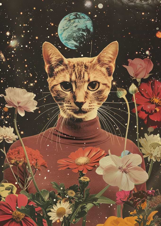 Cat over Flowers in Space