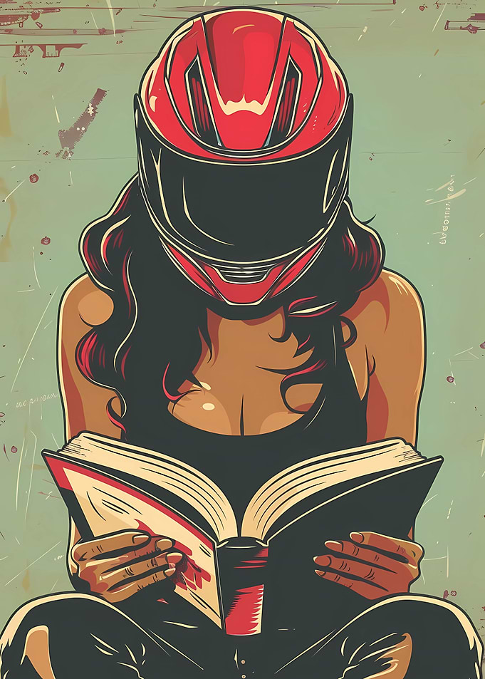 Biker Girl reading a Book