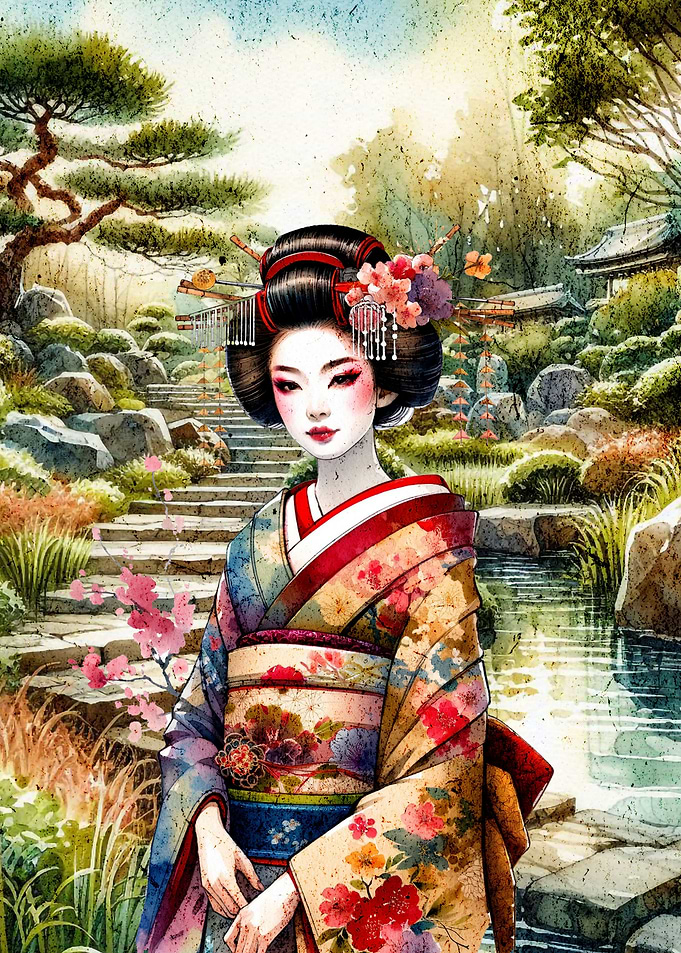 Geisha in Japanese Garden