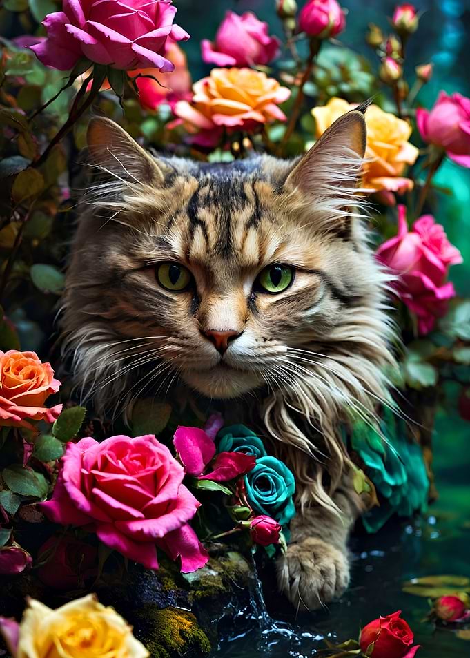 Cat Roses Wall Art