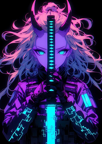 Neon Cyber Oni Warrior