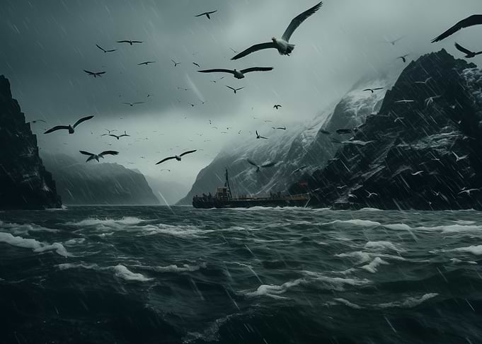 Raging sea ship and birds