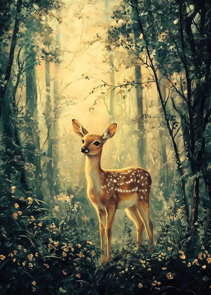 Fawn in a Sunlit Forest