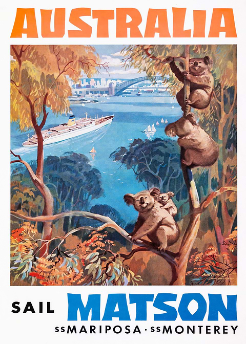 Koala Voyage Poster — retro travel art printed on metal